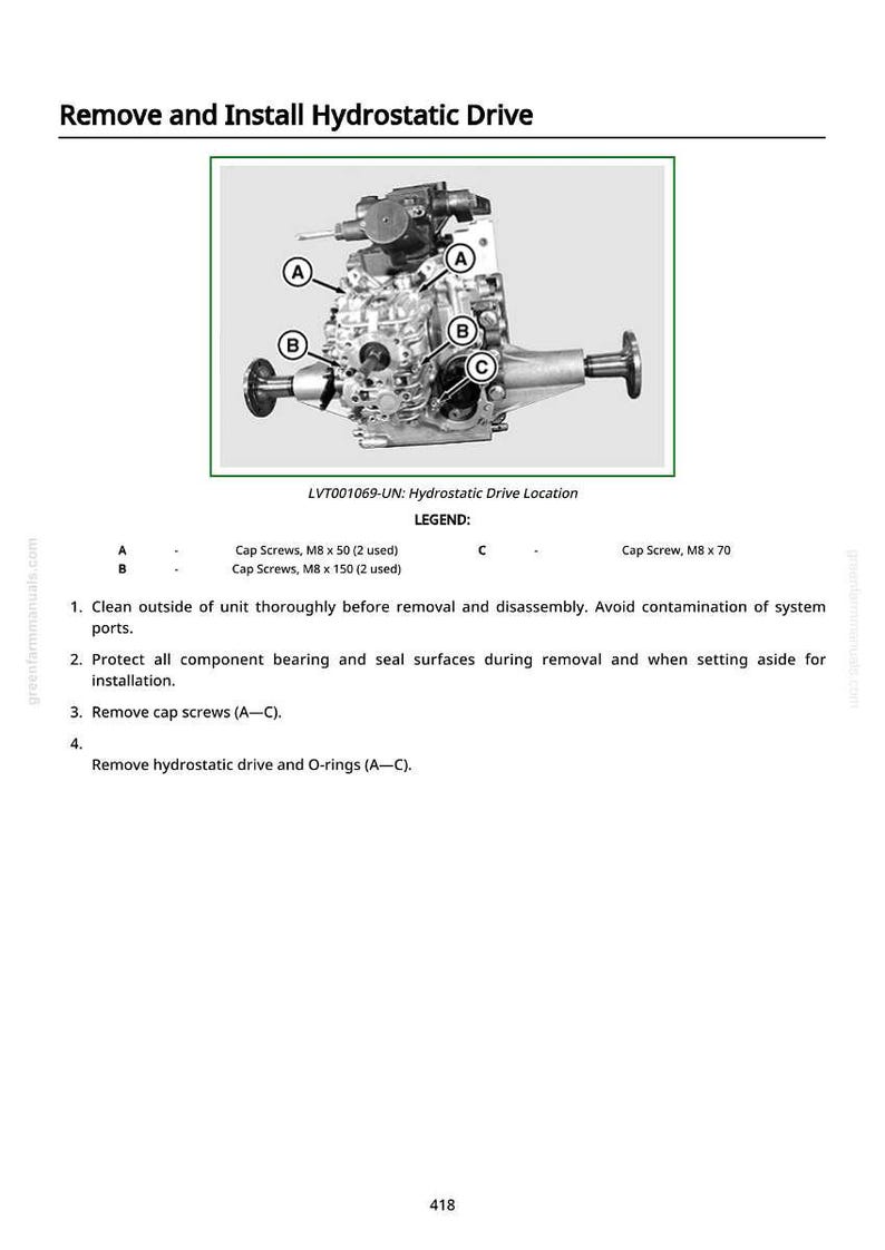 May include: Diagram showing a hydrostatic drive unit with labels A, B, and C, and a legend detailing cap screws. The text reads "Remove and Install Hydrostatic Drive" and includes instructions for removal and disassembly.