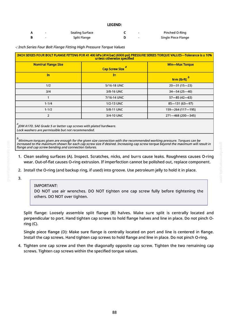 May include: Technical diagram with a yellow-highlighted table detailing inch series four-bolt flange fitting torque values. Includes nominal flange size, cap screw size, and minimum to maximum torque in lb-ft. Instructions for assembly and tightening are also provided.