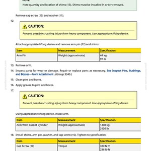 May include: A page from a manual with instructions and specifications for machinery repair. Includes safety warnings, measurements in pounds and inches, and torque specifications. The text is in black and yellow.
