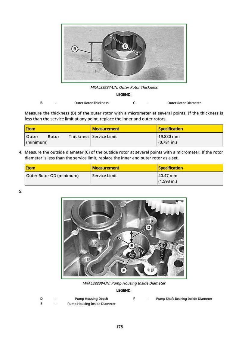 K&ouml;nnte beinhalten: Diagramm eines Au&szlig;enrotors mit Messungen in Millimetern und Zoll. Das Bild enth&auml;lt eine Querschnittsansicht des Rotors mit Beschriftungen f&uuml;r Dicke und Durchmesser. Der Text enth&auml;lt Servicegrenzen.