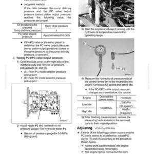 May include: Technical diagram detailing hydraulic system testing and adjusting procedures. Includes diagrams of components, pressure readings in MPa and kg/cm&sup2;, and instructions for engine operation and control lever settings.