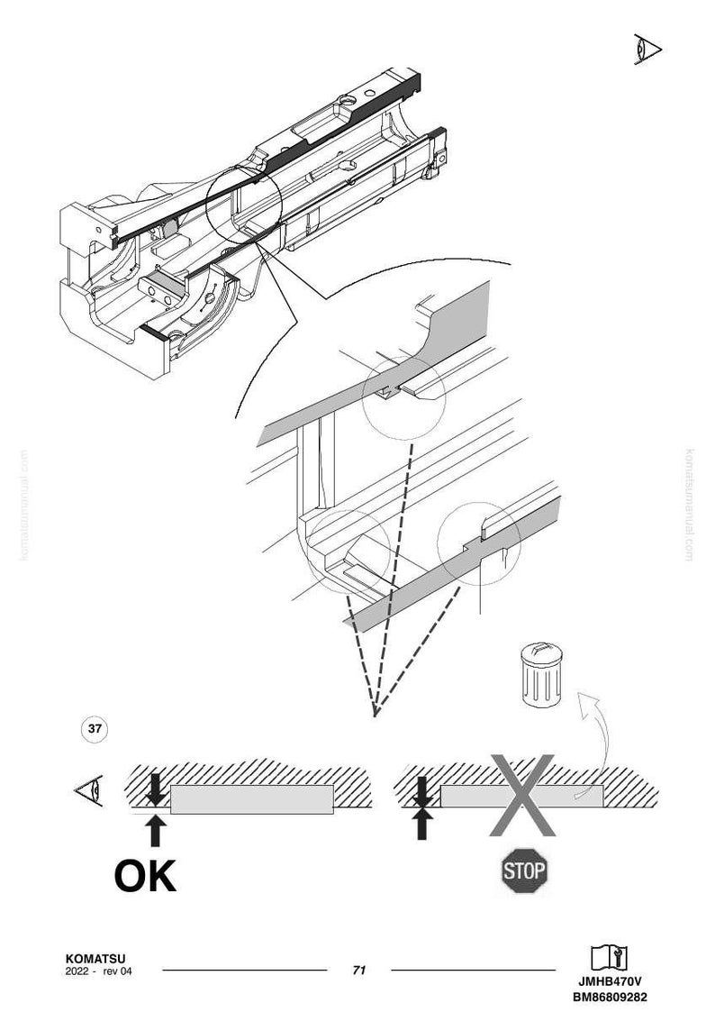 May include: Technical diagram with a detailed illustration of a mechanical component. The image includes close-up views, arrows, and the text "OK" and "STOP". The diagram is in black and white.