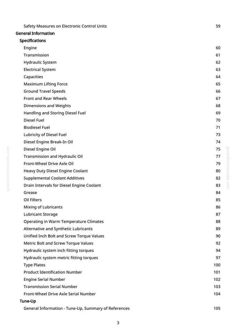 Puede incluir: P&aacute;gina de un manual con especificaciones para unidades de control electr&oacute;nico. La lista incluye temas como motor, transmisi&oacute;n, sistema hidr&aacute;ulico y combustible di&eacute;sel. P&aacute;gina 3.