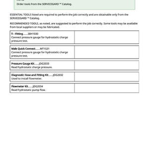 Op de afbeelding: Een pagina getiteld "Essenti&euml;le of aanbevolen gereedschappen" vermeldt gereedschappen voor een specifieke taak. De gereedschappen omvatten een T-stuk, een mannelijke snelkoppeling, een manometerkit, een diagnose slang en fitting kit en een debietmeterkit.