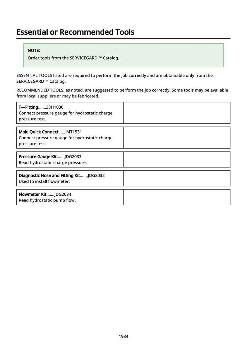 Op de afbeelding: Een pagina getiteld "Essenti&euml;le of aanbevolen gereedschappen" vermeldt gereedschappen voor een specifieke taak. De gereedschappen omvatten een T-stuk, een mannelijke snelkoppeling, een manometerkit, een diagnose slang en fitting kit en een debietmeterkit.