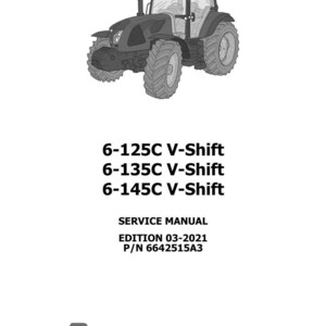 May include: A grayscale illustration of a tractor, with the text "6-125C V-Shift", "6-135C V-Shift", and "6-145C V-Shift". The image also includes "SERVICE MANUAL", "EDITION 03-2021", and "P/N 6642515A3". The Landini logo is at the bottom.