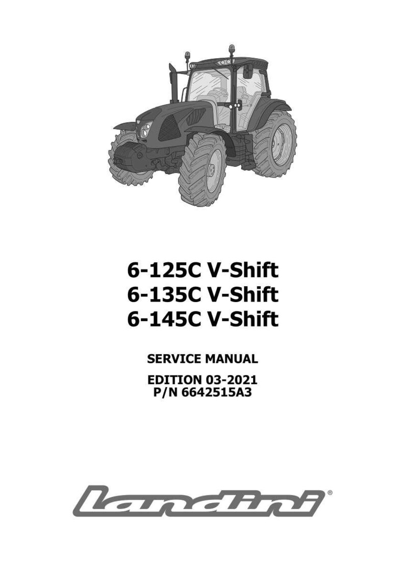 May include: A grayscale illustration of a tractor, with the text "6-125C V-Shift", "6-135C V-Shift", and "6-145C V-Shift". The image also includes "SERVICE MANUAL", "EDITION 03-2021", and "P/N 6642515A3". The Landini logo is at the bottom.