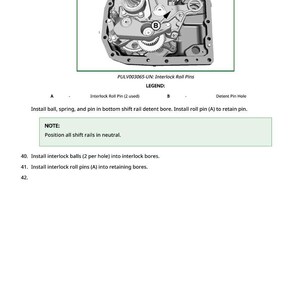 May include: Diagram of mechanical components with gears, pins, and a detent pin hole. Text includes instructions for installing interlock roll pins and balls. The image is labeled PULV003065-UN: Interlock Roll Pins.