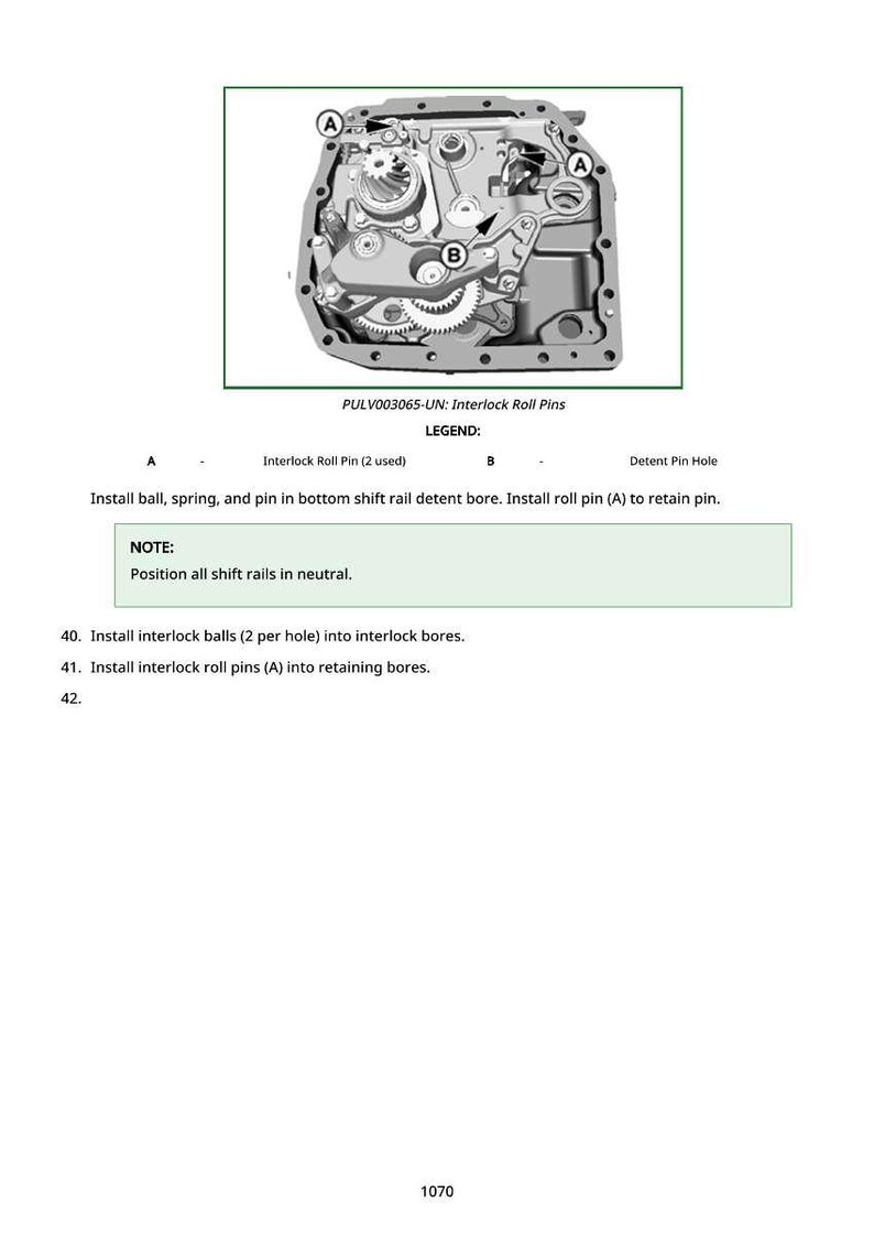 May include: Diagram of mechanical components with gears, pins, and a detent pin hole. Text includes instructions for installing interlock roll pins and balls. The image is labeled PULV003065-UN: Interlock Roll Pins.