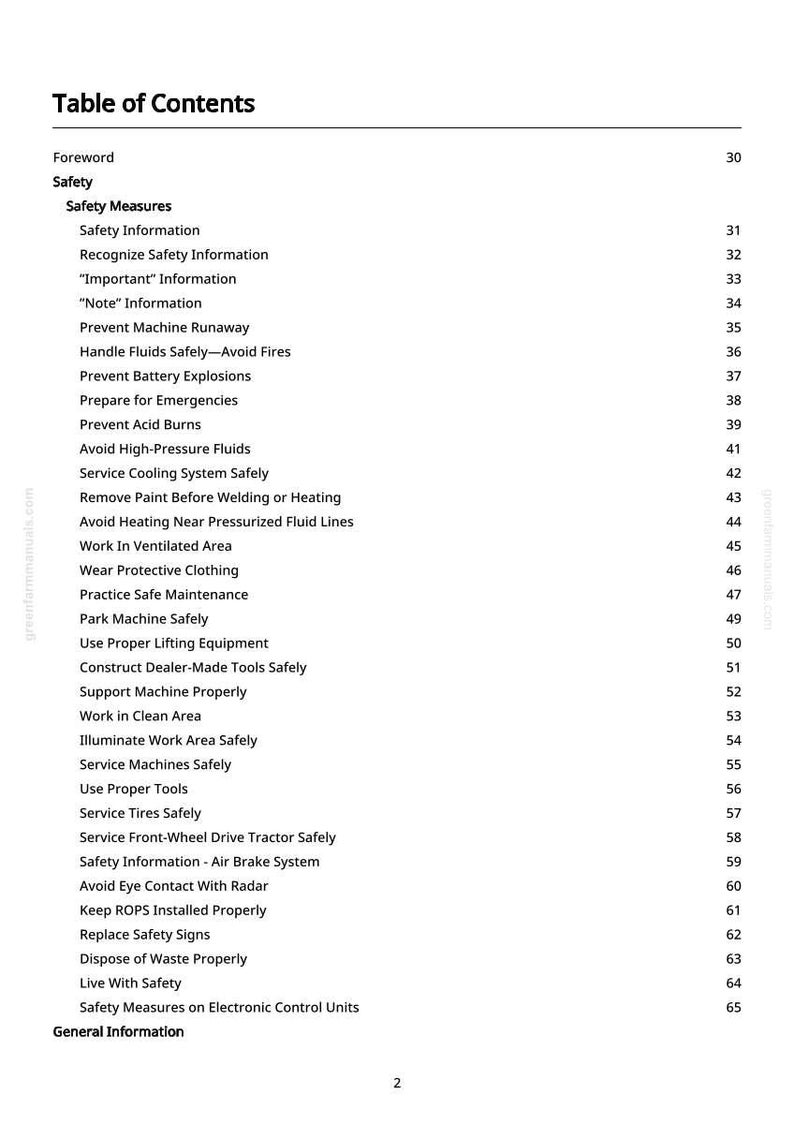 May include: A white page titled "Table of Contents" from a manual. The page lists safety measures, including safety information, preventing machine runaway, and avoiding high-pressure fluids. Page numbers are listed on the right.