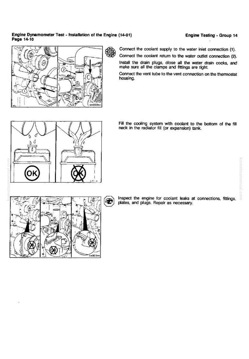 May include: Diagrams and instructions for engine testing, including connecting coolant lines, filling the cooling system, and inspecting for leaks. Text includes "Engine Dynamometer Test" and "Engine Testing - Group 14".