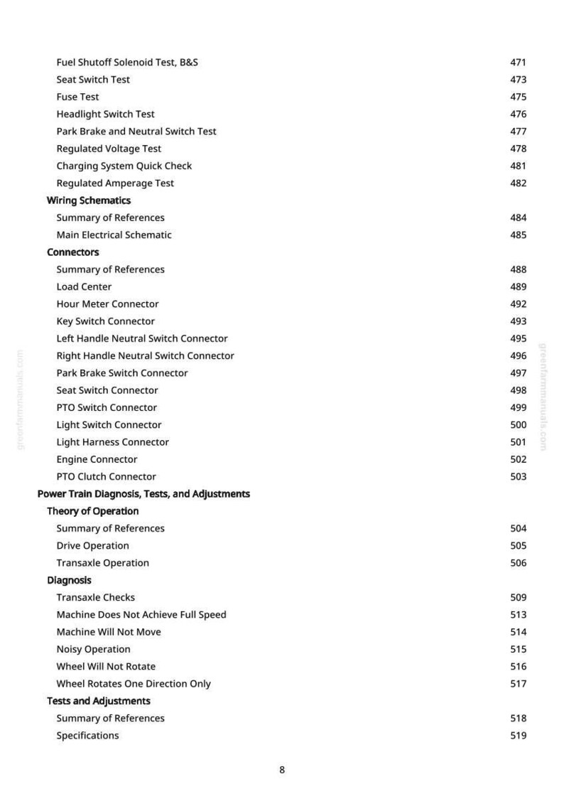 May include: A white page with a list of tests, schematics, and connectors for a machine. The text includes "Fuel Shutoff Solenoid Test," "Wiring Schematics," and "Power Train Diagnosis."