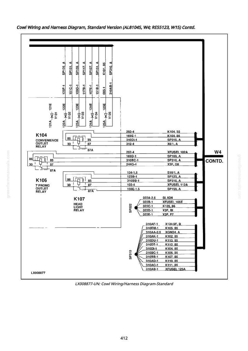 May include: A detailed cowl wiring and harness diagram, standard version, with various electrical components labeled. The diagram includes relays, fuses, and connector details, with text such as "Convenience Outlet Relay" and "Head Light Relay."