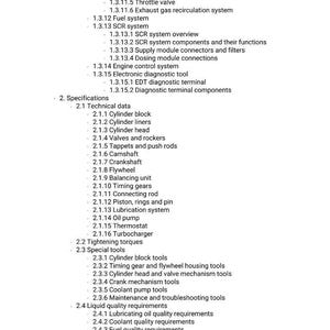 K&ouml;nnte beinhalten: Eine detaillierte Liste von Automotorkomponenten und -systemen, einschlie&szlig;lich Luftregelung, Kraftstoff und SCR-Systemen. Der Text behandelt auch technische Daten, Spezialwerkzeuge und Wartungsverfahren.