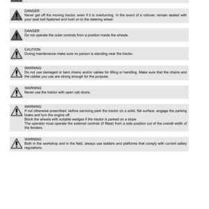 Puede incluir: Directrices de seguridad para tractores, incluyendo advertencias sobre riesgos de aplastamiento, procedimientos de operaci&oacute;n y mantenimiento. El documento presenta el logotipo de Argo Tractors y s&iacute;mbolos de seguridad.