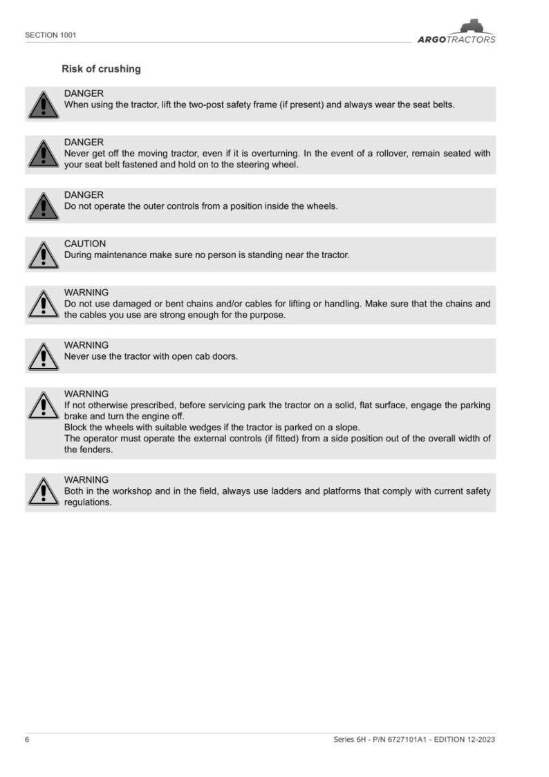 Puede incluir: Directrices de seguridad para tractores, incluyendo advertencias sobre riesgos de aplastamiento, procedimientos de operaci&oacute;n y mantenimiento. El documento presenta el logotipo de Argo Tractors y s&iacute;mbolos de seguridad.