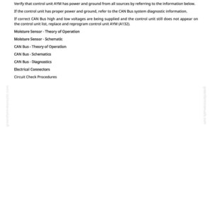 May include: A white document with the title "PDU 002211.09 - Control Unit AYM or HMM Communication Fault." The document contains troubleshooting steps and a list of related topics, including "Moisture Sensor - Theory of Operation" and "CAN Bus - Diagnostics."