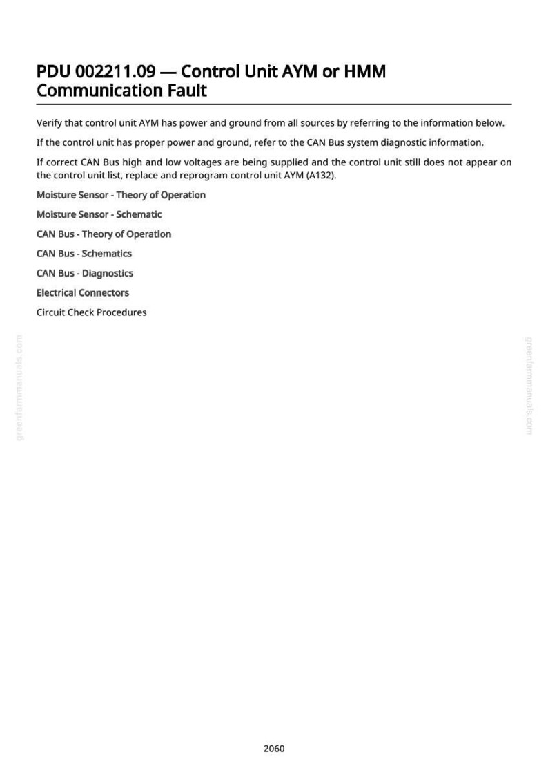 May include: A white document with the title "PDU 002211.09 - Control Unit AYM or HMM Communication Fault." The document contains troubleshooting steps and a list of related topics, including "Moisture Sensor - Theory of Operation" and "CAN Bus - Diagnostics."