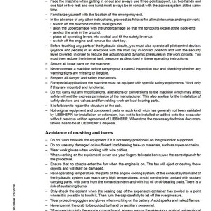 May include: A service manual page with safety instructions, including warnings about machine operation, crushing, and burns. The document is from LIEBHERR, with text in English, and includes a revision number.