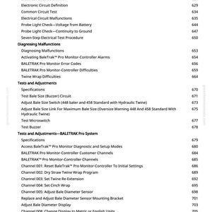 May include: A white printed page from a manual with a detailed table of contents. The text includes topics like "Electrical Circuit Definition", "Tests and Adjustments", and "BaleTrak Pro System". Page numbers are listed on the right.