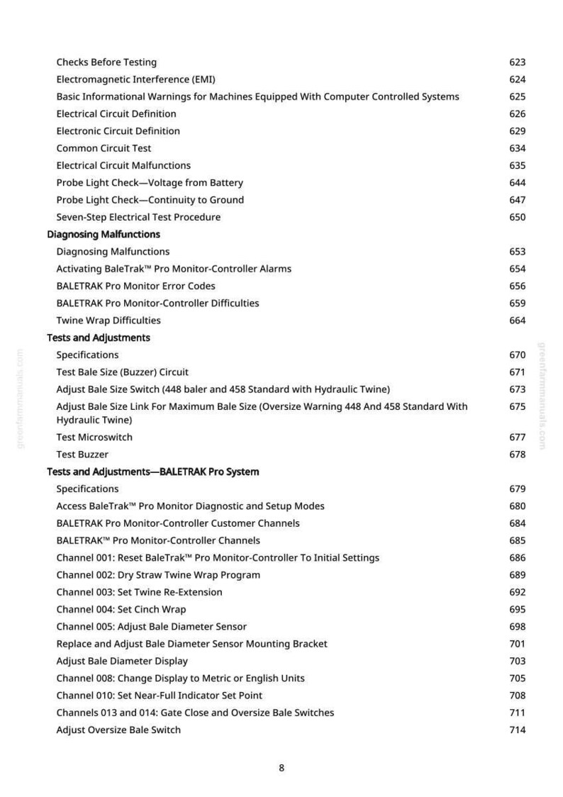 May include: A white printed page from a manual with a detailed table of contents. The text includes topics like "Electrical Circuit Definition", "Tests and Adjustments", and "BaleTrak Pro System". Page numbers are listed on the right.