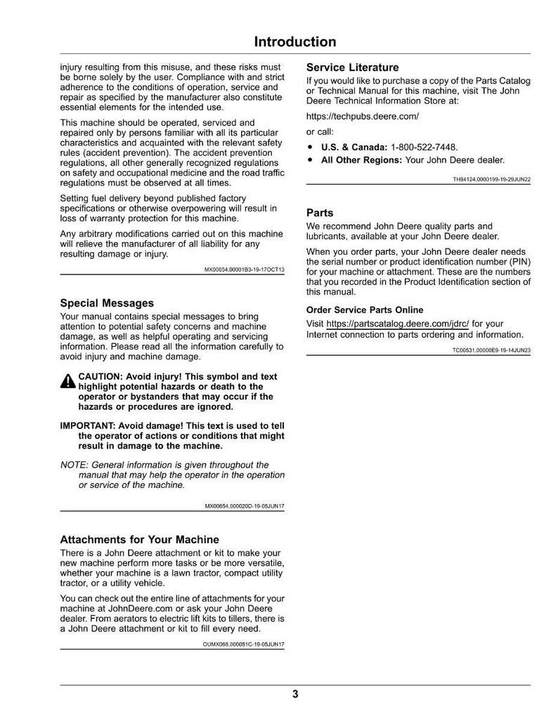 May include: A page from a John Deere manual titled "Introduction." The text includes safety warnings, service literature, and information on parts and attachments. The page has a white background with black text and a small graphic.