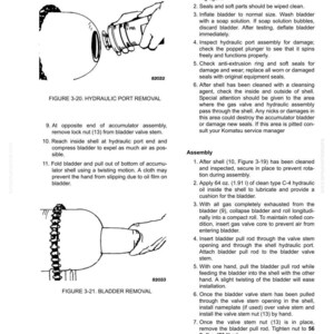 May include: Diagrams from a brake circuit component repair manual. Figure 3-20 shows hydraulic port removal, and Figure 3-21 illustrates bladder removal. Instructions detail cleaning, inspection, and assembly steps for the components.