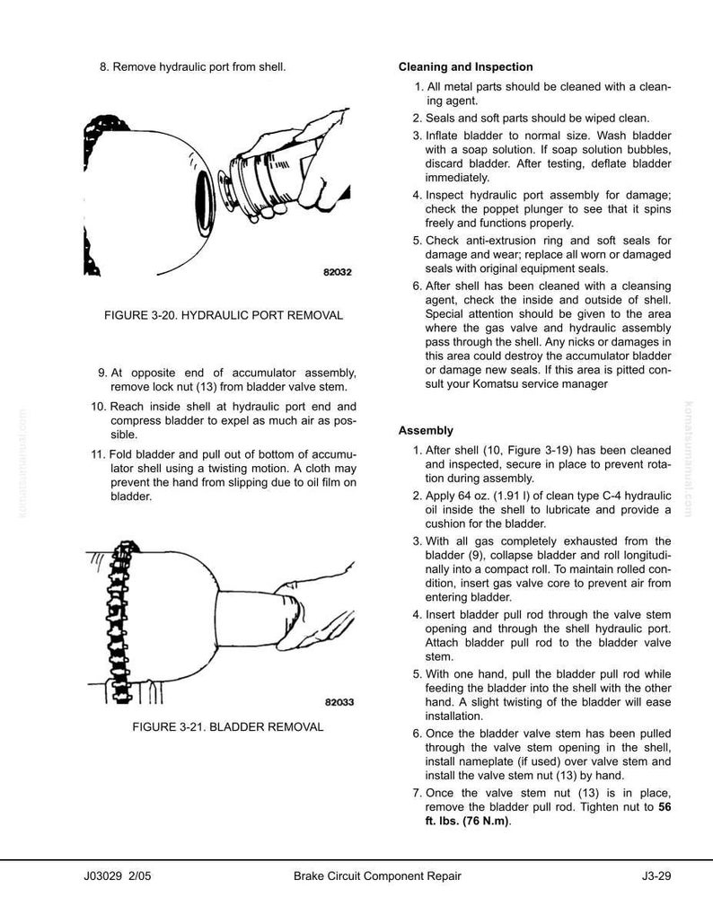 May include: Diagrams from a brake circuit component repair manual. Figure 3-20 shows hydraulic port removal, and Figure 3-21 illustrates bladder removal. Instructions detail cleaning, inspection, and assembly steps for the components.