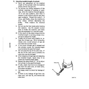 May include: A technical diagram from a manual, featuring instructions on adjusting a cylinder's installed length. The image includes text, diagrams of components, and numbered steps for the adjustment process. The diagram also shows a valve core.