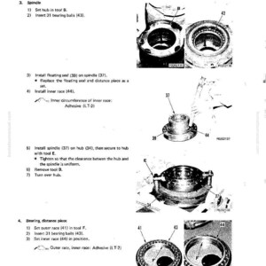 May include: Diagram of a travel motor disassembly and assembly process. The image shows various mechanical components, including spindles, bearing balls, and races, with labels and instructions for assembly.