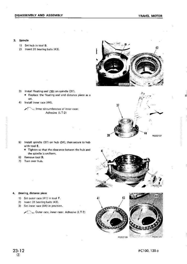 May include: Diagram of a travel motor disassembly and assembly process. The image shows various mechanical components, including spindles, bearing balls, and races, with labels and instructions for assembly.
