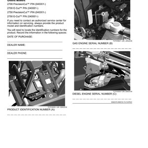 May include: Product identification guide for Greens Mowers, featuring diagrams of engine components and spaces to record purchase details. Includes text for product identification numbers and serial numbers.