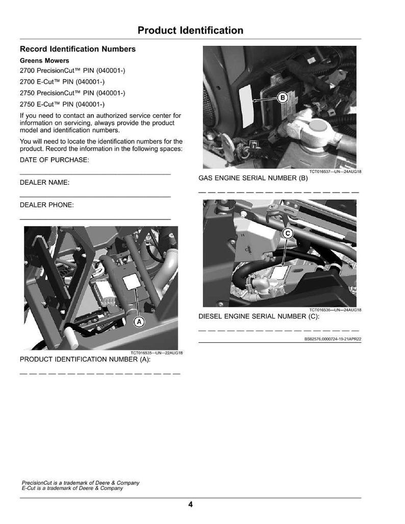 May include: Product identification guide for Greens Mowers, featuring diagrams of engine components and spaces to record purchase details. Includes text for product identification numbers and serial numbers.