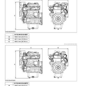 May include: Diagram of two diesel engines, labeled D1703-M-DI-E4-BBT and D1703-M-DI-E4-BBT2, with dimensions in millimeters and inches. The engines are shown from two different angles, with measurements for length, width, and height.