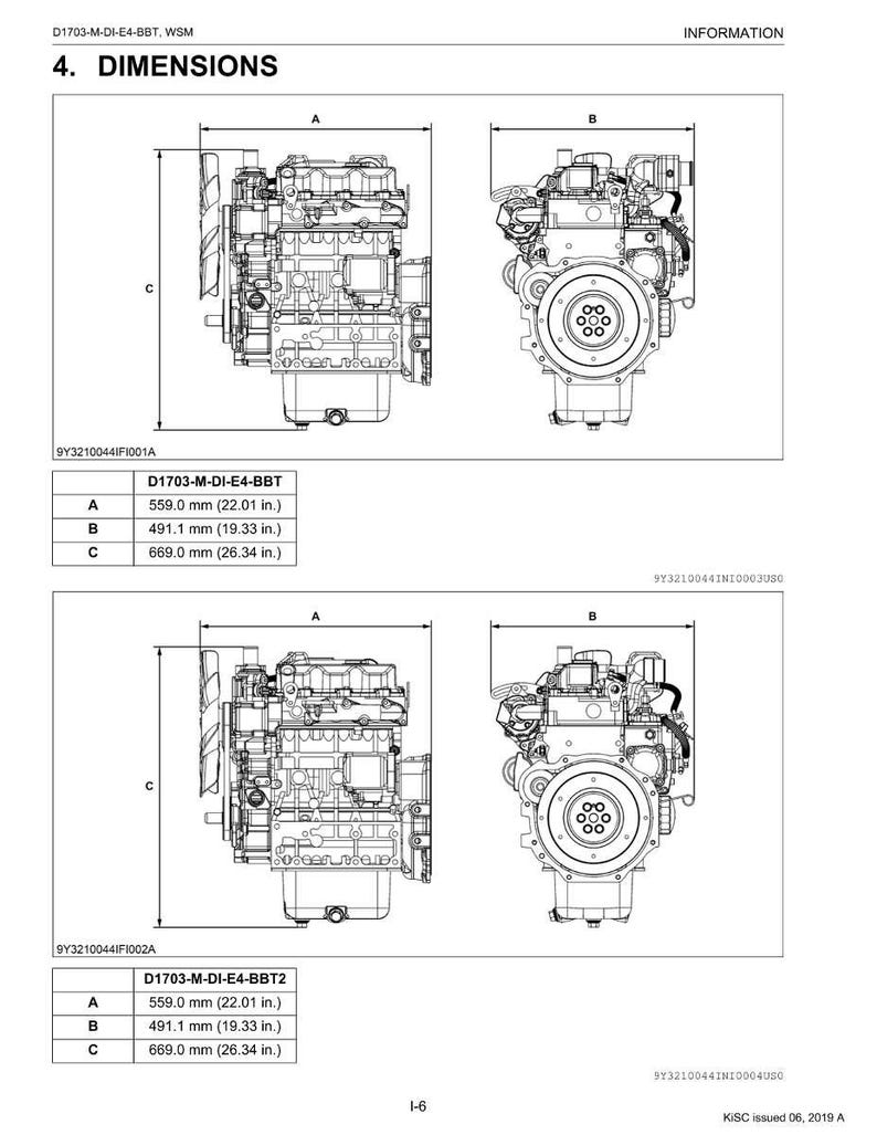 May include: Diagram of two diesel engines, labeled D1703-M-DI-E4-BBT and D1703-M-DI-E4-BBT2, with dimensions in millimeters and inches. The engines are shown from two different angles, with measurements for length, width, and height.