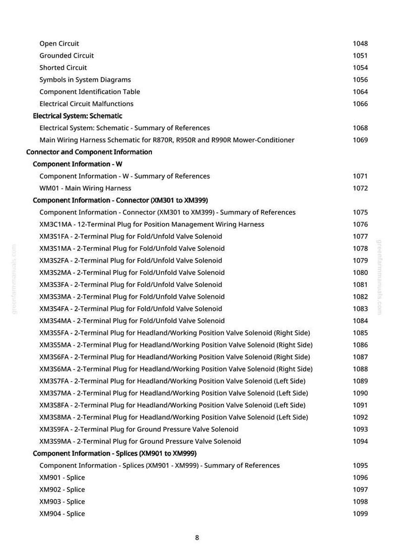May include: A detailed schematic diagram with text, including "Open Circuit," "Grounded Circuit," and "Electrical System: Schematic." The document lists various electrical components and their corresponding reference numbers, useful for technical documentation.
