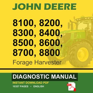 K&ouml;nnte beinhalten: Titelbild eines John Deere Feldh&auml;cksler-Diagnosehandbuchs. Das Bild zeigt einen gr&uuml;nen Traktor auf gelbem Hintergrund mit dem Text "JOHN DEERE" und den Modellnummern 8100-8800. Der untere Abschnitt lautet "DIAGNOSTIC MANUAL" und "INSTANT DOWNLOAD PDF".