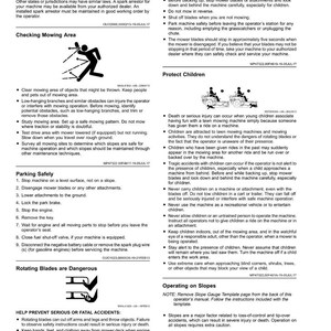 Peut inclure: Page de consignes de s&eacute;curit&eacute; pour tondeuses &agrave; gazon. Elle d&eacute;taille les zones de tonte, la protection des enfants, et le stationnement s&eacute;curis&eacute;. Des avertissements concernent les lames rotatives et l'utilisation sur pentes, avec des sch&eacute;mas.