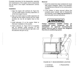 May include: Diagram from a service manual showing the receiver/drier location in an engine. The diagram is labelled with numbers pointing to the condenser, accumulator, and receiver/drier. Text includes a warning about refrigerants.
