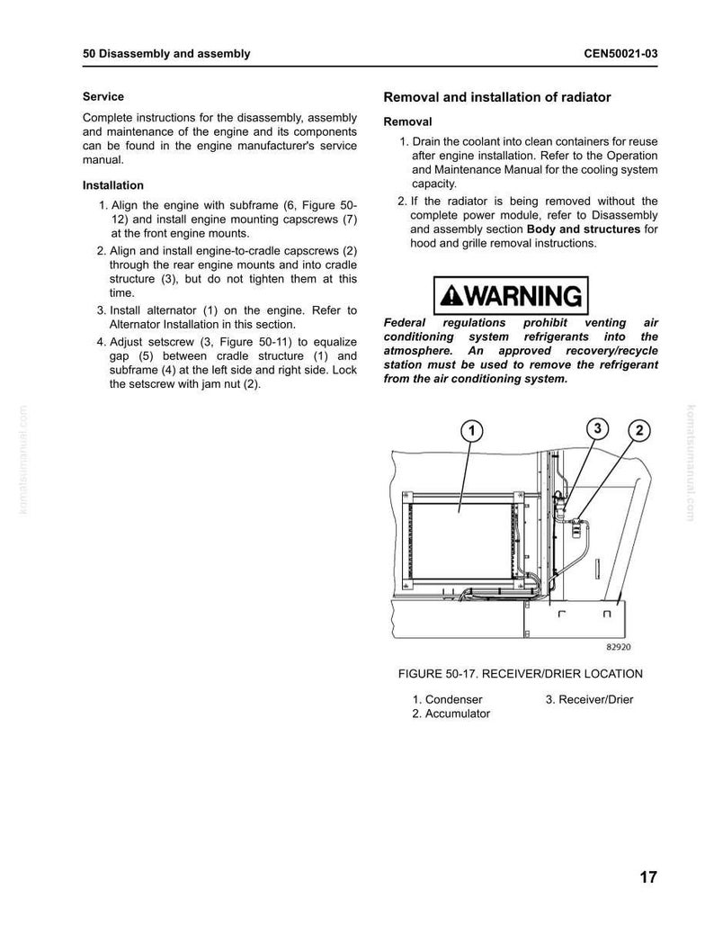 May include: Diagram from a service manual showing the receiver/drier location in an engine. The diagram is labelled with numbers pointing to the condenser, accumulator, and receiver/drier. Text includes a warning about refrigerants.