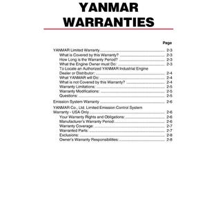 May include: A page from a YANMAR service manual, titled "YANMAR WARRANTIES." The document lists warranty details, including coverage, limitations, and owner responsibilities. The YANMAR logo is at the bottom, with the text "TNV Tier 4 Service Manual."
