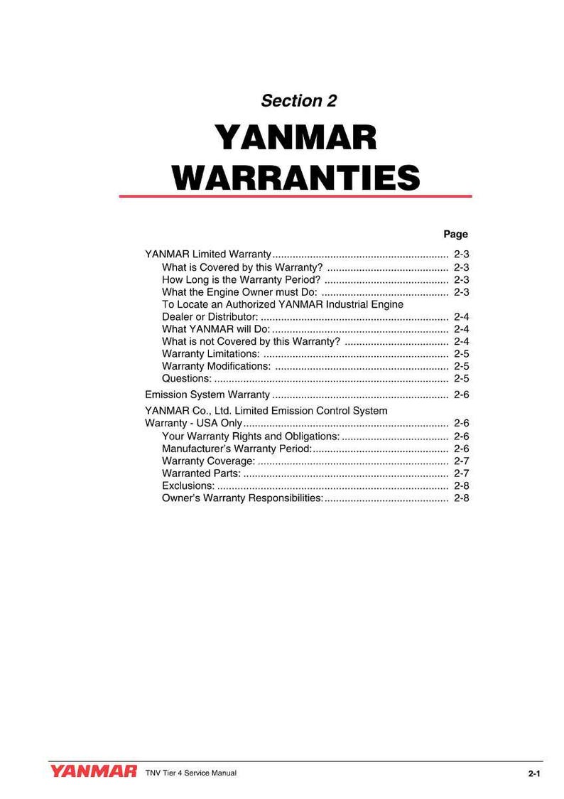 May include: A page from a YANMAR service manual, titled "YANMAR WARRANTIES." The document lists warranty details, including coverage, limitations, and owner responsibilities. The YANMAR logo is at the bottom, with the text "TNV Tier 4 Service Manual."