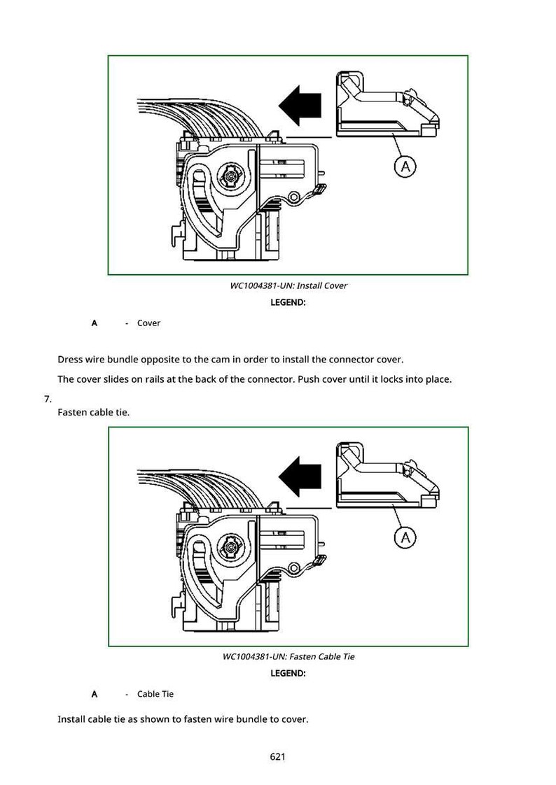 Pu&ograve; includere: Diagramma che mostra l'installazione di un coperchio del connettore e di una fascetta per cavi. L'immagine include un'illustrazione dettagliata dei componenti, con frecce che indicano la direzione dell'installazione. Le etichette di testo identificano le parti e i passaggi.