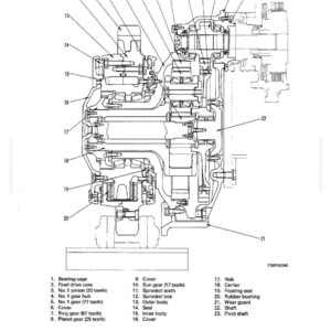 K&ouml;nnte beinhalten: Detaillierte Diagramm mechanischer Komponenten, einschlie&szlig;lich Lagerk&auml;fig, Zahnr&auml;der und Naben. Beschriftete Teile umfassen das Endantriebsgeh&auml;use, das Sonnenrad und die Kettenradz&auml;hne. Das Diagramm ist in Schwarzwei&szlig; mit Textbeschriftungen und Zahlen.