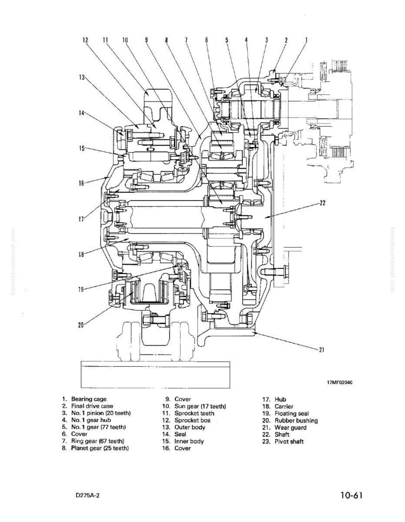 K&ouml;nnte beinhalten: Detaillierte Diagramm mechanischer Komponenten, einschlie&szlig;lich Lagerk&auml;fig, Zahnr&auml;der und Naben. Beschriftete Teile umfassen das Endantriebsgeh&auml;use, das Sonnenrad und die Kettenradz&auml;hne. Das Diagramm ist in Schwarzwei&szlig; mit Textbeschriftungen und Zahlen.
