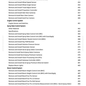 May include: A white page with a list of specifications and instructions for removing and installing various components, including sensors, controllers, and cameras. The text is in black, with page numbers on the right.