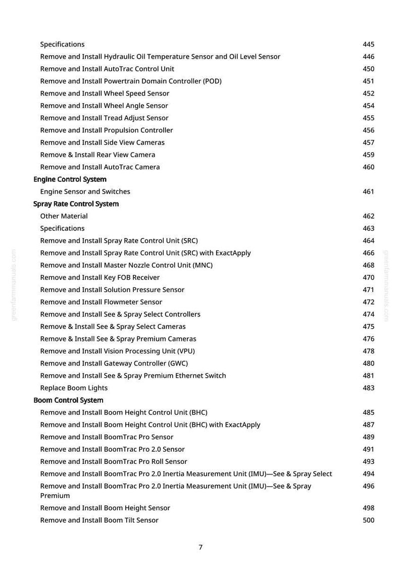 May include: A white page with a list of specifications and instructions for removing and installing various components, including sensors, controllers, and cameras. The text is in black, with page numbers on the right.