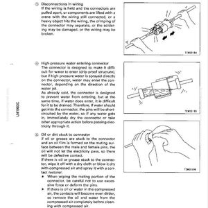 May include: Diagram from a manual showing troubleshooting steps for electrical connectors. Includes illustrations of connector disassembly, water entry prevention, and cleaning procedures. Text includes warnings about disconnections, water, and oil.
