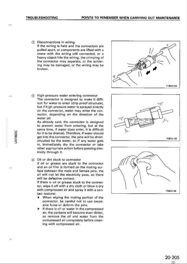 May include: Diagram from a manual showing troubleshooting steps for electrical connectors. Includes illustrations of connector disassembly, water entry prevention, and cleaning procedures. Text includes warnings about disconnections, water, and oil.