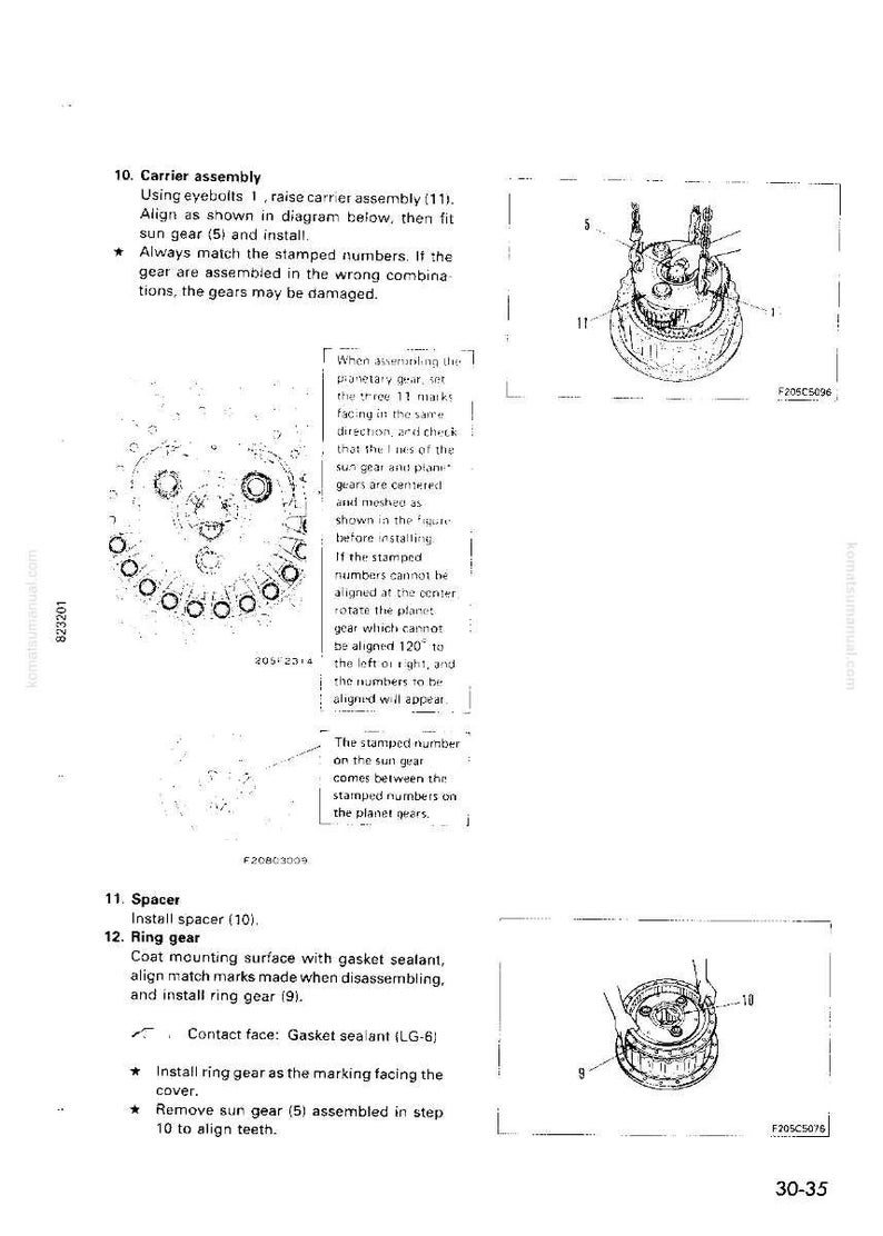 May include: Technical diagram with instructions for assembling a carrier assembly, including sun gear and ring gear. The diagram includes illustrations of the parts and steps for installation, with measurements and part numbers.